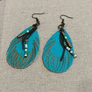 New Teal Feather Leather with Beads Earrings